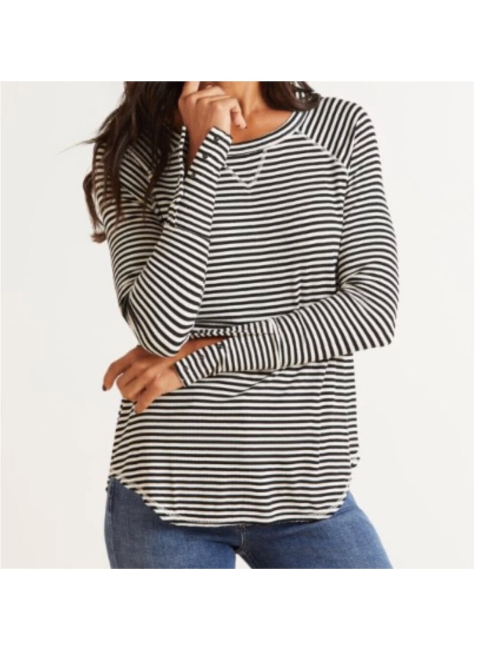 Evereve Sophie snap cuff black and white striped ribbed long sleeve shirt small